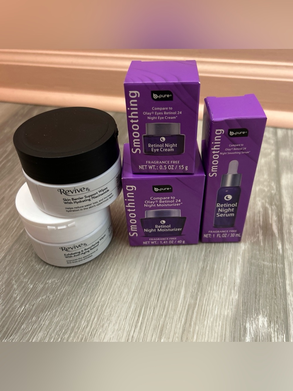 Skincare Lot: Revive RX Retinol & Niacinamide Wipes & b pure Creams & Serum Set